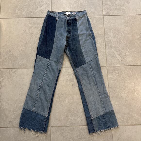 Levis Re/Done Button Fly Jeans Women’s Sz 24 Relaxed Blue Patchwork Indigo 27” - Picture 1 of 13